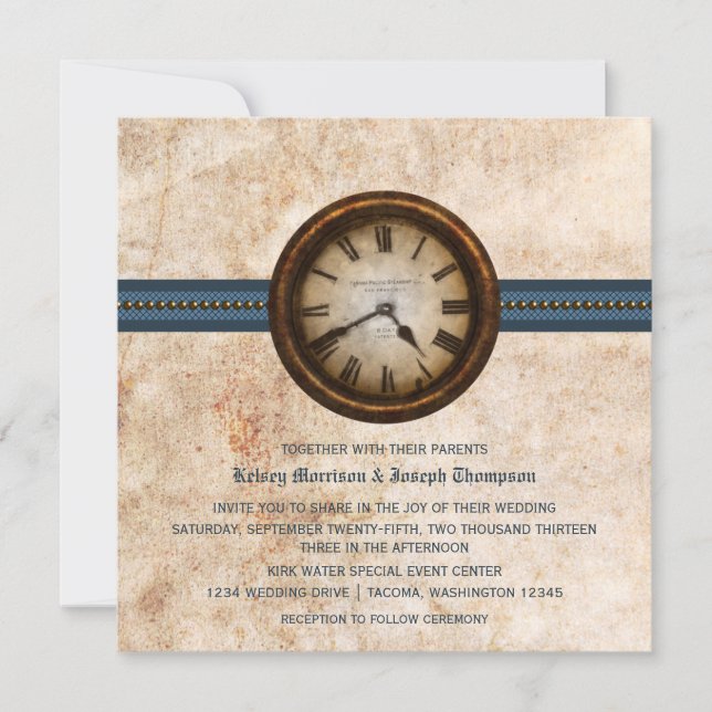 Horloge antique Faire-part de mariage, Bleu (Devant)