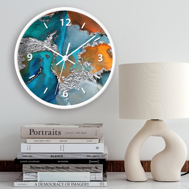 Horloge Aquarelle agate chic argent turquoise orange (Créateur téléchargé)