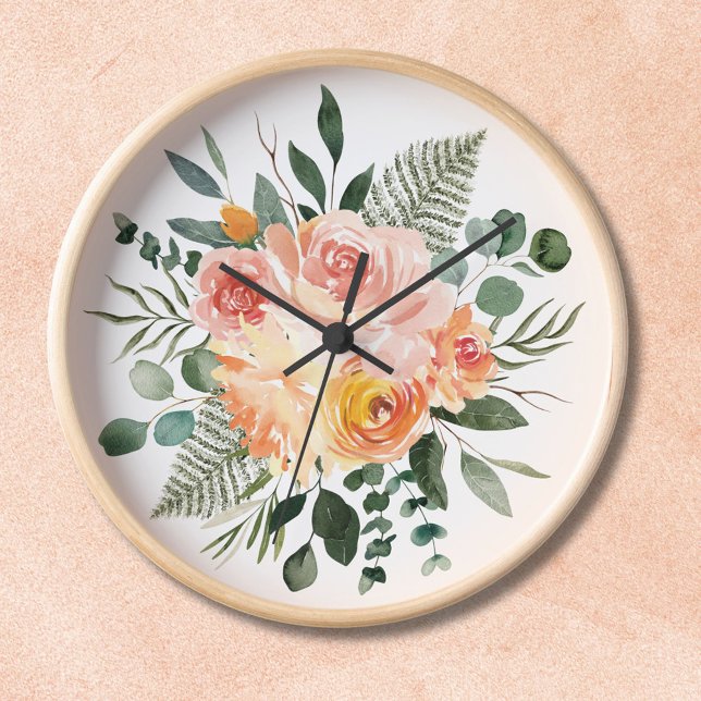 Horloge Aquarelle Automne Russe Rose Peach Bouquet (In situ wall)