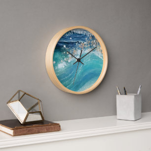 Horloge Aquarelle Bleu Blanc Océan Vague Personnalisée Nom