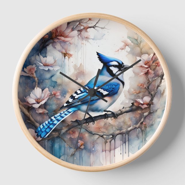 Horloge Aquarelle bleu Jay Cherry Blossoms (Recto)