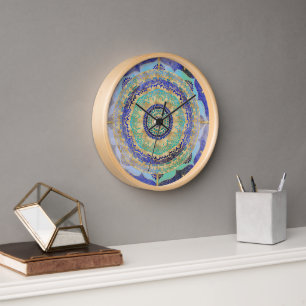 Horloge Aquarelle bleu or Mandala
