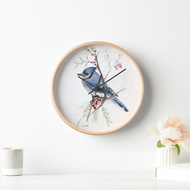 Horloge Aquarelle Blue Jay Bird Décor mur (Maison)