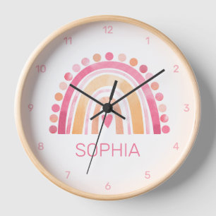 Horloge Aquarelle Boho mignonne arc-en-ciel en cadran rose