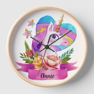 Horloge Aquarelle Cute Unicorn Coeur Nom personnalisé