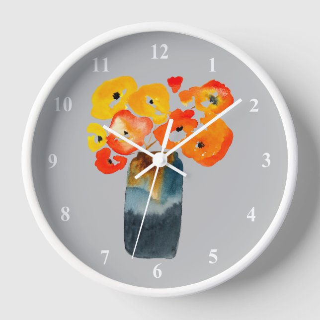 Horloge Aquarelle de pavot orange et rouge (Recto)