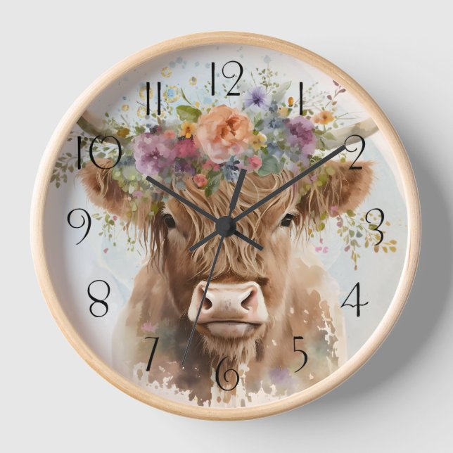 Horloge Aquarelle de vache à hautes terres florales (Recto)