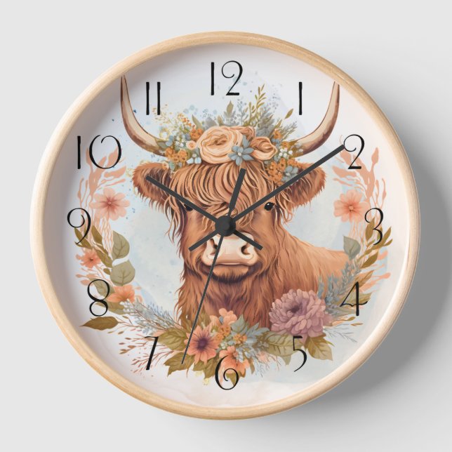 Horloge Aquarelle de vache à hautes terres florales (Recto)