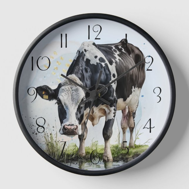 Horloge Aquarelle de vache laitière de ferme (Recto)