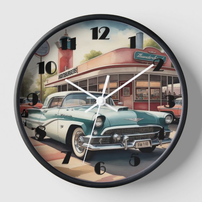 Horloge Aquarelle Peinture de voiture et de dîner d'époque (Recto)