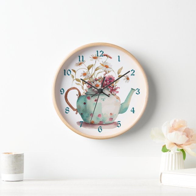 Horloge Aquarelle rétro Floral Teapot (Maison)