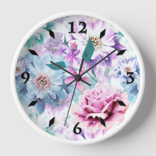 Horloge Aquarelle rose, fleurs bleues.