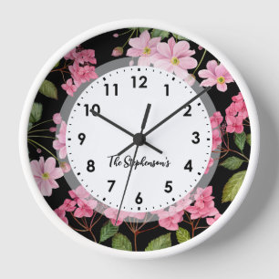 Horloge Aquarelle rose Hydrangea et anémone japonaise
