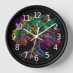 Horloge Arbre arc-en-ciel coloré aux lucioles Art moderne 