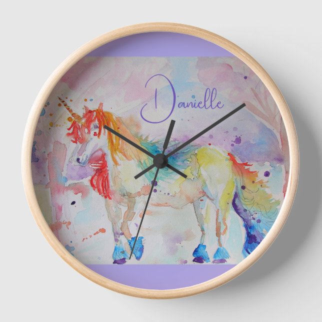 Horloge Arc en arc-en-ciel Unicorne aquarelle coussin (Recto)