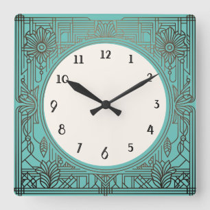 Horloge Art Déco carré à Aqua Turquoise Turquoise