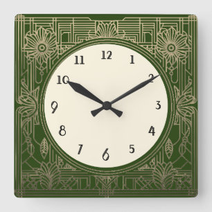 Horloge Art déco carré en vert foncé et or