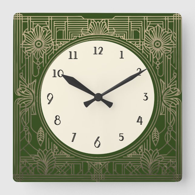 Horloge Art déco carré en vert foncé et or (Recto)