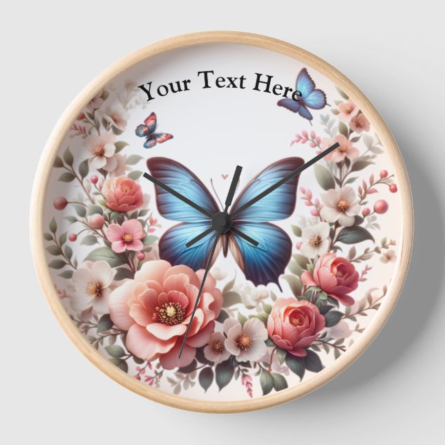 Horloge Art floral papillon bleu personnalisable-96279 (Recto)