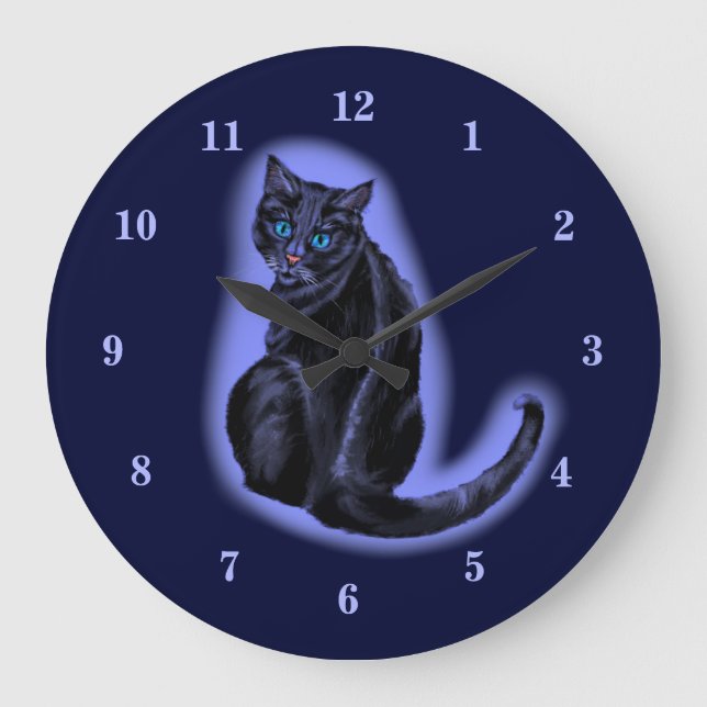 Horloge avec Bleu Eyed Chat noir dans la nuit somb (Recto)