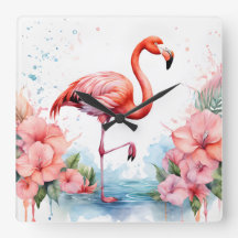 Horloge avec Flamant rose et Fleurs