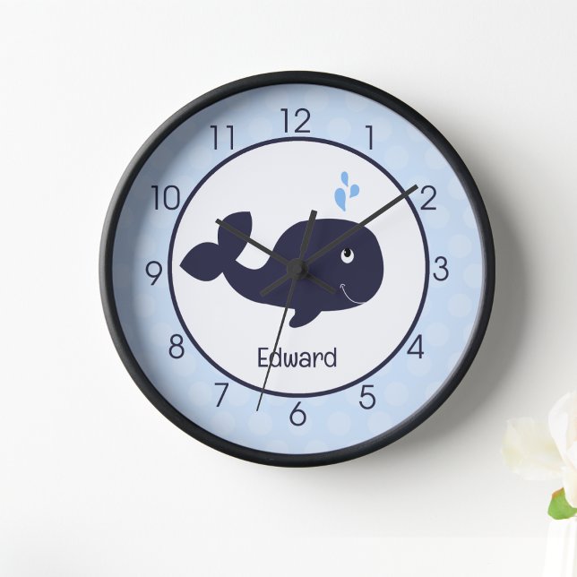 Horloge Baleine Bleue Océan Nautique Nourriture murale pou (Blue Whale Nursery Clock with  customized name)