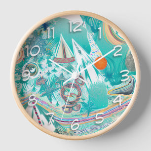 Horloge Bateaux à voile et créatures marines Art de plage 