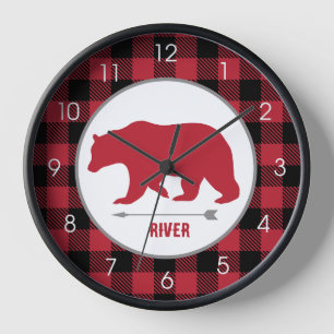 Horloge Bear rustique bûcheron bûcheron plaid rouge et gri