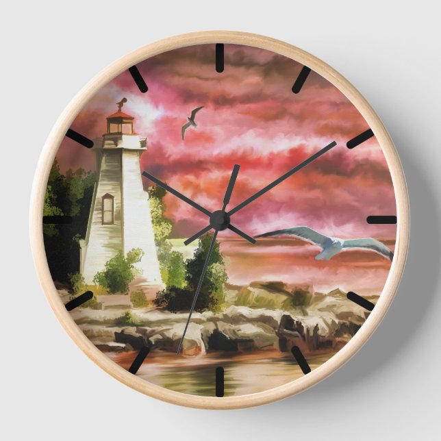 Horloge Beau phare nautique et océan (Recto)