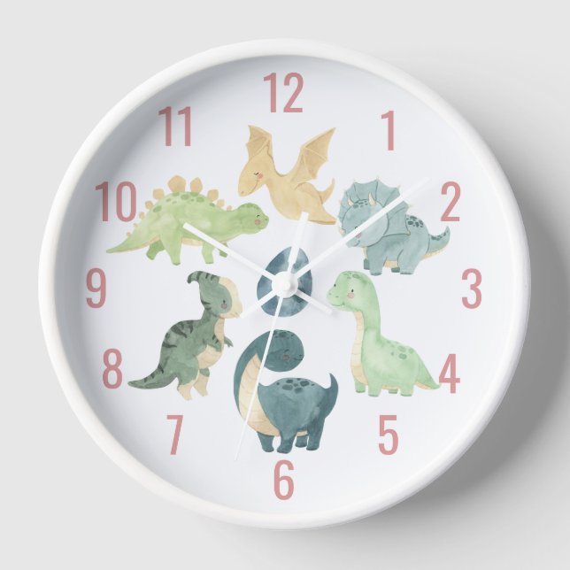 Horloge Bébé mignon Dinosaure Aquarelle rose (Recto)