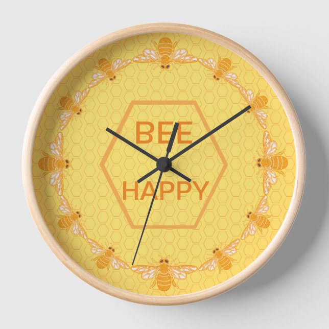 Horloge Bee Happy miel abeilles sur nid d'abeille jaune (Recto)