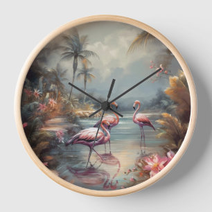 Horloge belle peinture vintage flamants roses