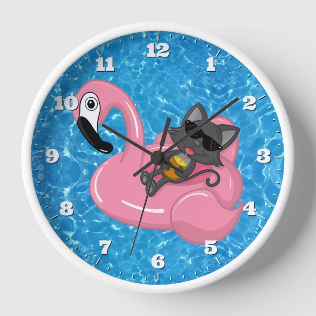 Horloge Belle Piscine Chat Flamant rose Été Enfants (Recto)