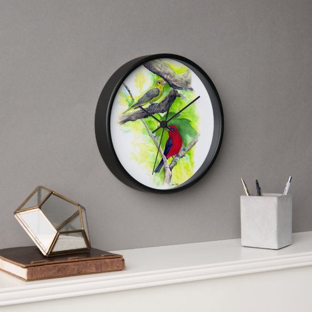 Horloge Belle Scarlet Tanagers Oiseaux Peinture (Bureau)