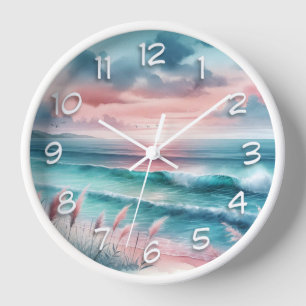 Horloge Belle scène océanique en rose et bleu