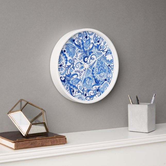 Horloge Bleu Bleu Blanc Floral Paisley Art Motif (Bureau)