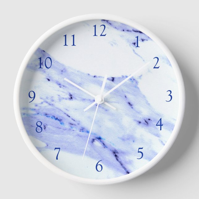 Horloge Bleu élégant et motif Marbre blanc (Recto)