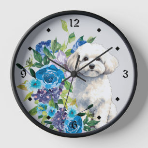 Horloge Bleu Floral Bichon Frise Chien