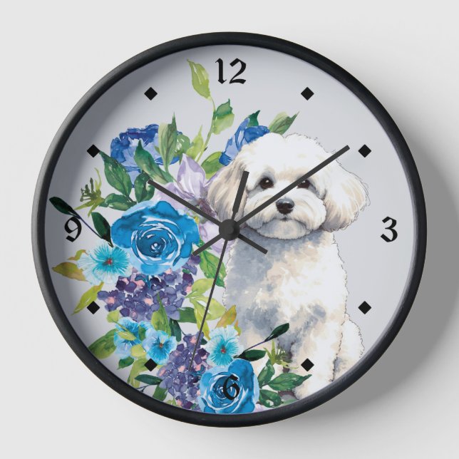 Horloge Bleu Floral Bichon Frise Chien (Recto)