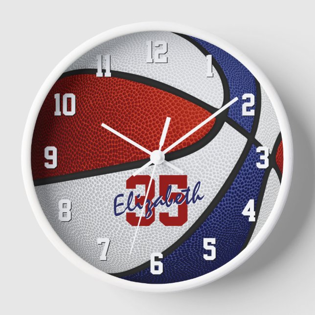 Horloge bleu rouge filles garçons basket-ball personnalisé (Recto)