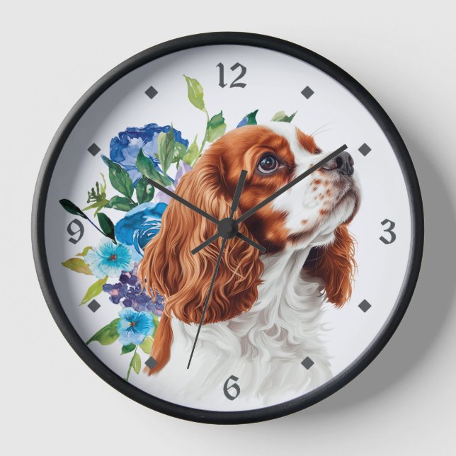 Horloge Blue Floral Red Cavalier King Charles Spaniel Chie (Recto)