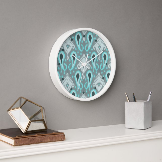 Horloge Bohemian Aqua Turquoise Ikat Motif d'art tribal (Bureau)