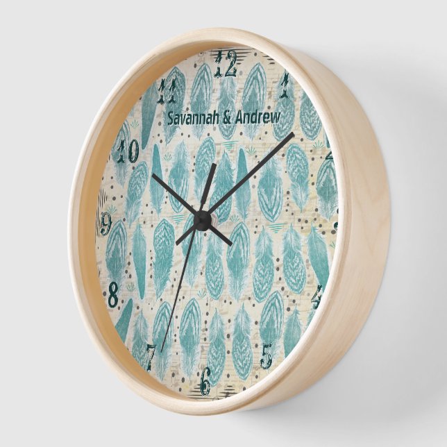Horloge Boho Bohème Distressed Sarcelle Motif Plume (Angle)