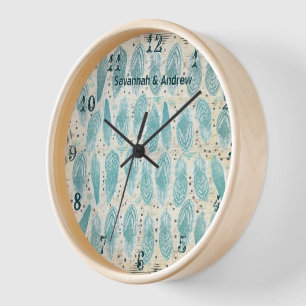 Horloge Boho Bohemian Turquoise Motif en plumes désorganis