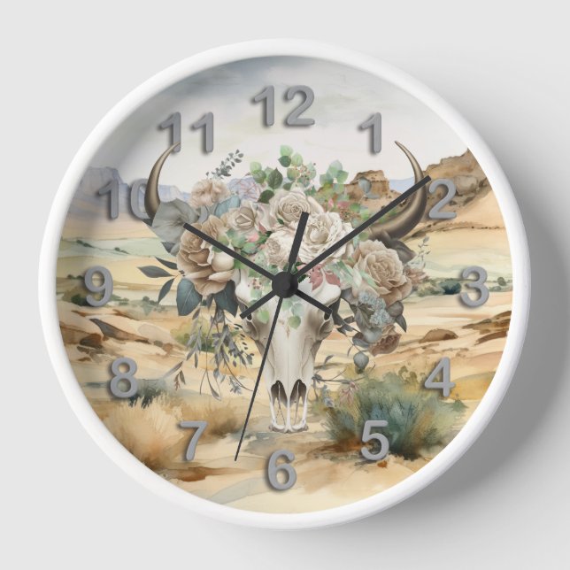 Horloge Boho du crâne occidental paysage du désert rose bl (Recto)