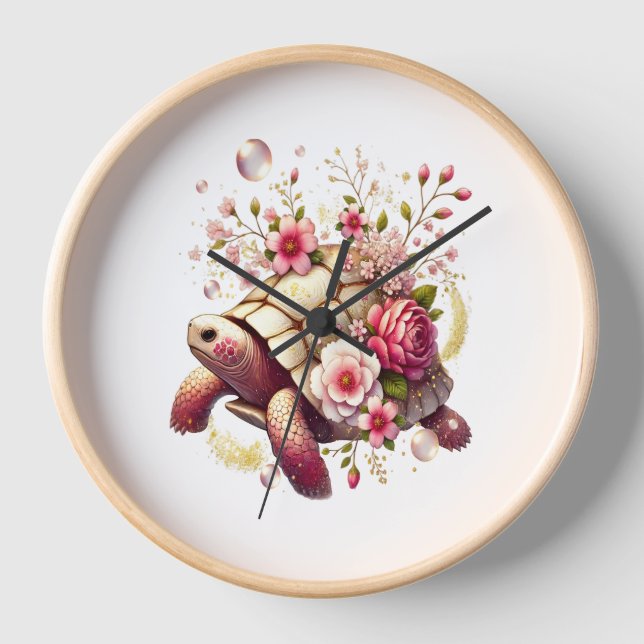 Horloge Boho Floral Tortue de mer rose Fleur (Recto)