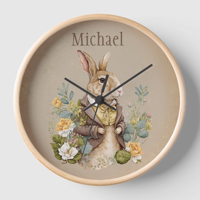 Horloge Bois Animaux Lapin Rustique Nom Nursery (Recto)