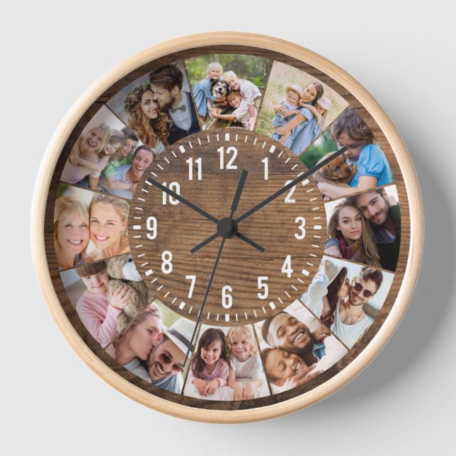 Horloge Bois rustique Personnalisé 12 Photo Collage (Recto)