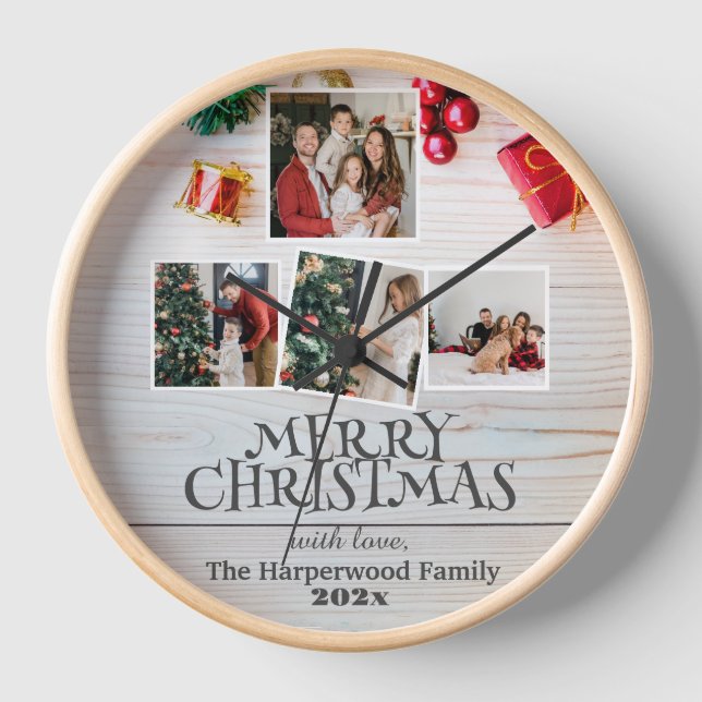 Horloge bois sobre et élégante famille Noël Photo collage (Recto)