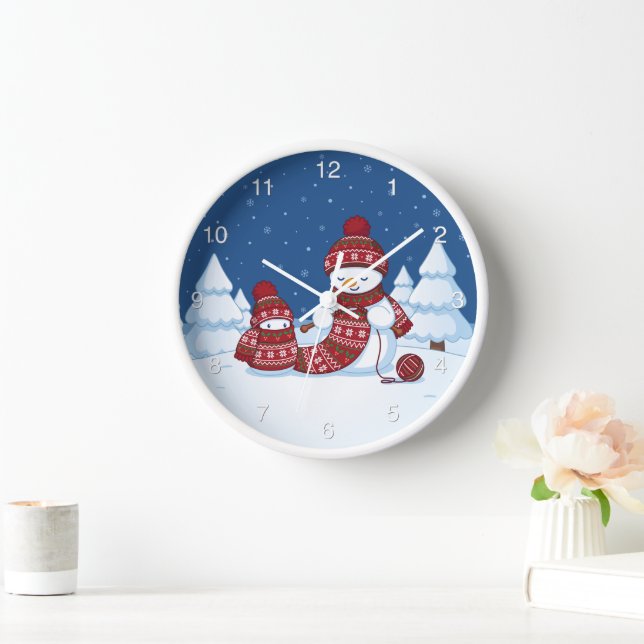 Horloge Bonhomme de neige tricotant une écharpe de Noël (Maison)